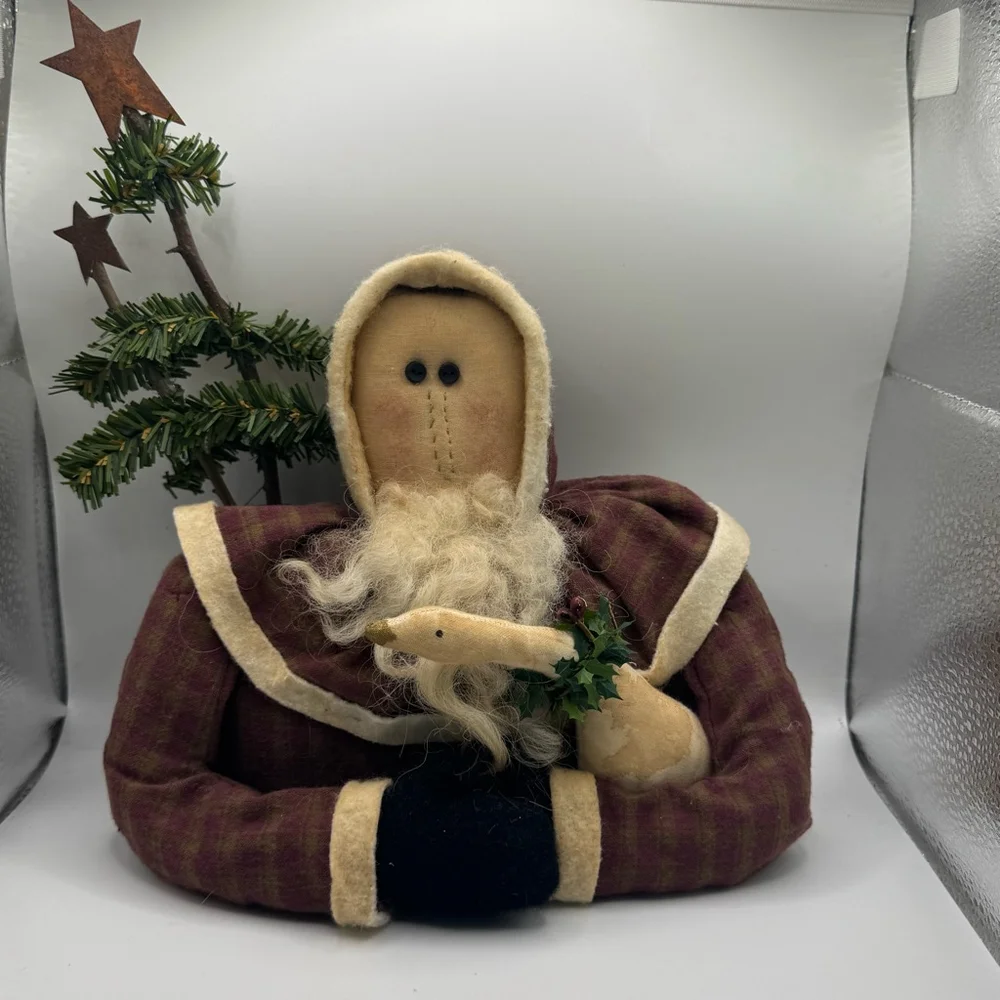Vintage Fabric Santa Doll Burgundy Beige - Picture 2 of 5